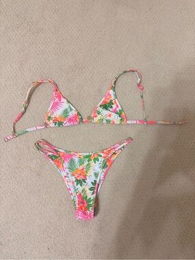 Kulani Kinis White Bikini with Pink, Orange & Green Tropical Print size small